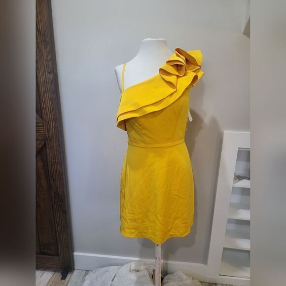 Mac Duggal ONE SHOULDER RUFFLE MINI DRESS NWOT size 12 Lemon Yellow (55286) - Picture 4 of 6